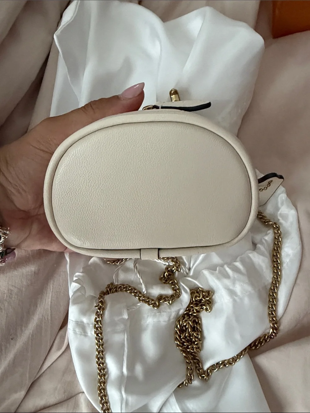 Coach Cream Quilted Leather Crossbody Bag with Gold Chain